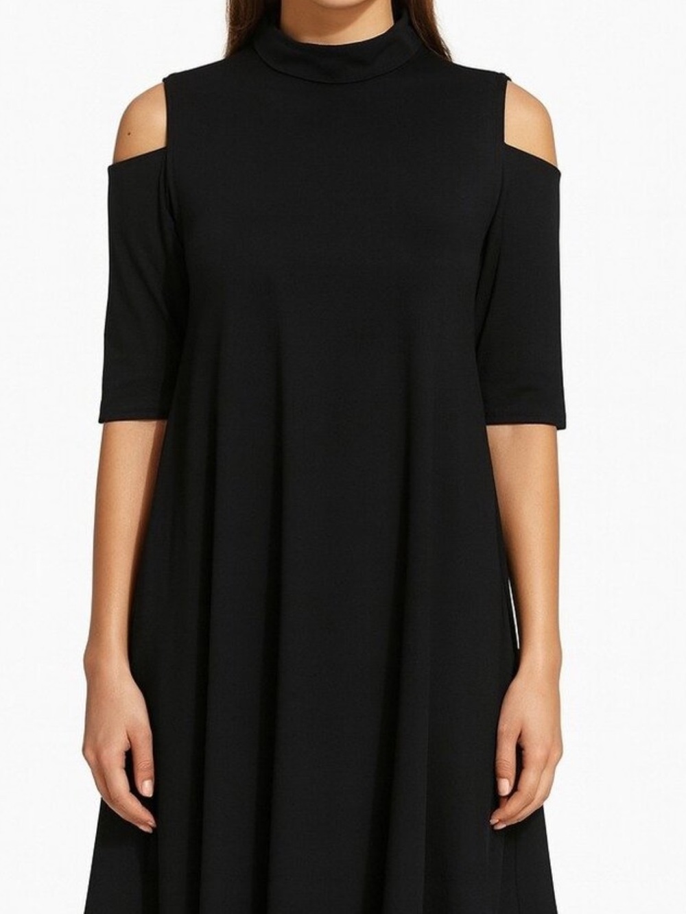 Clara Sun Woo Black Cold-Shoulder Mock Neck Tunic Dress